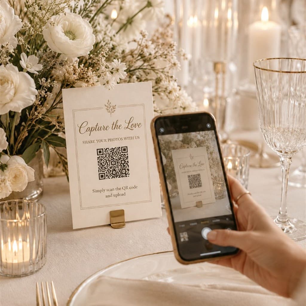 Guest scanning a Snapdrop QR table card to upload wedding photos